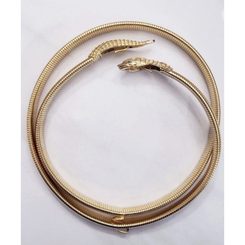 Vintage Gold Snake Belt Green Eye Rhinestone Gas Pipe Cobra Link Metal Stretch